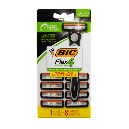 Bic Flex 4 Sensitive 4 Blade Razor 1 Handle 8 Cartridges