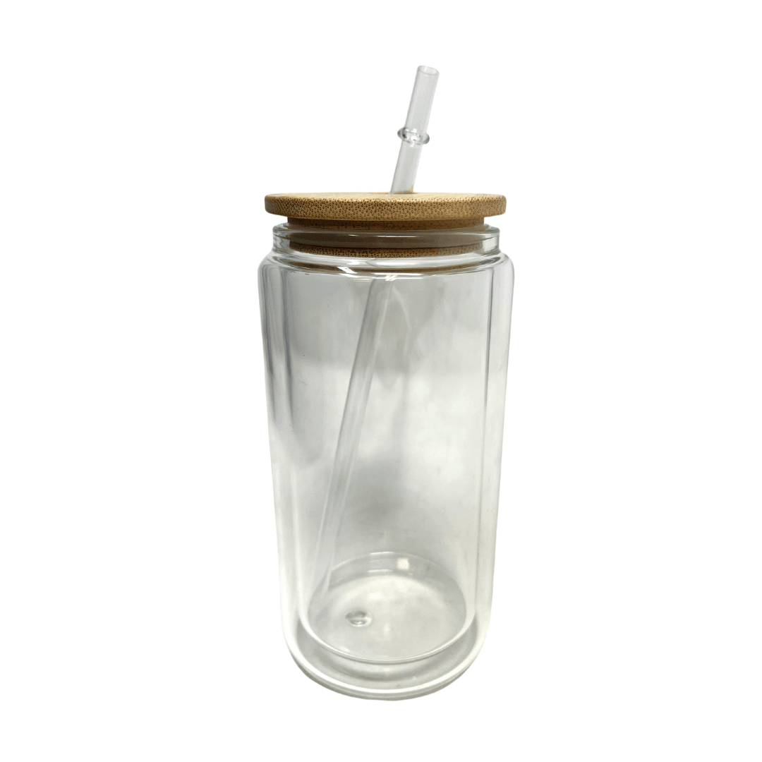 Snowglobe Double-Walled Glass Can w/ Bamboo Lid, 15oz or 18oz