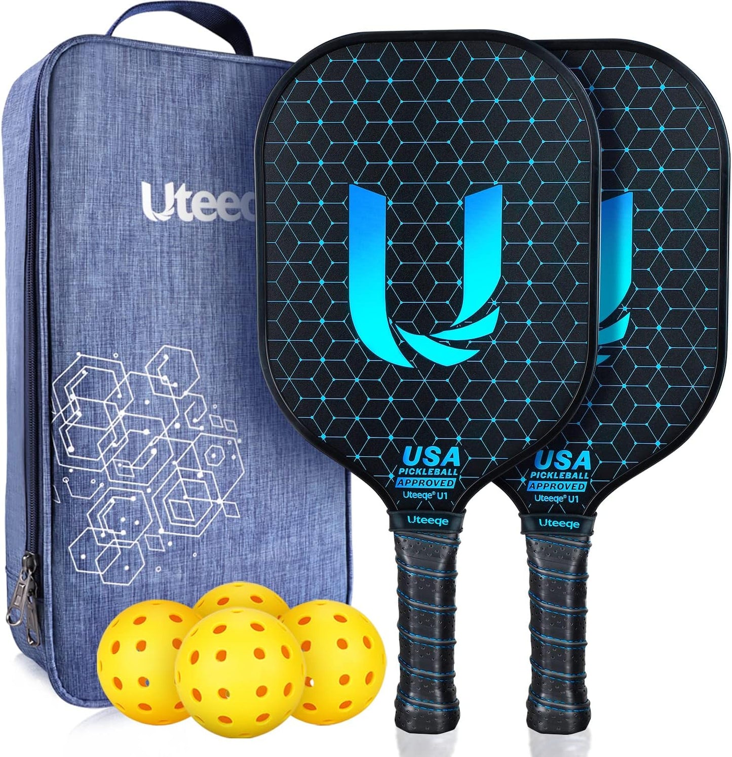 Uteeqe Pickball Paddles Set of 2, 4 outdoor Balls & Carry Bag