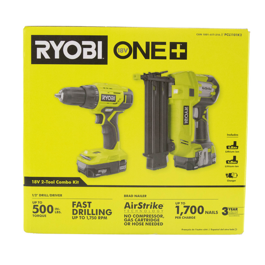 Ryobi 18V 2 Tool Kit .5in Drill Driver and Brad Nailer