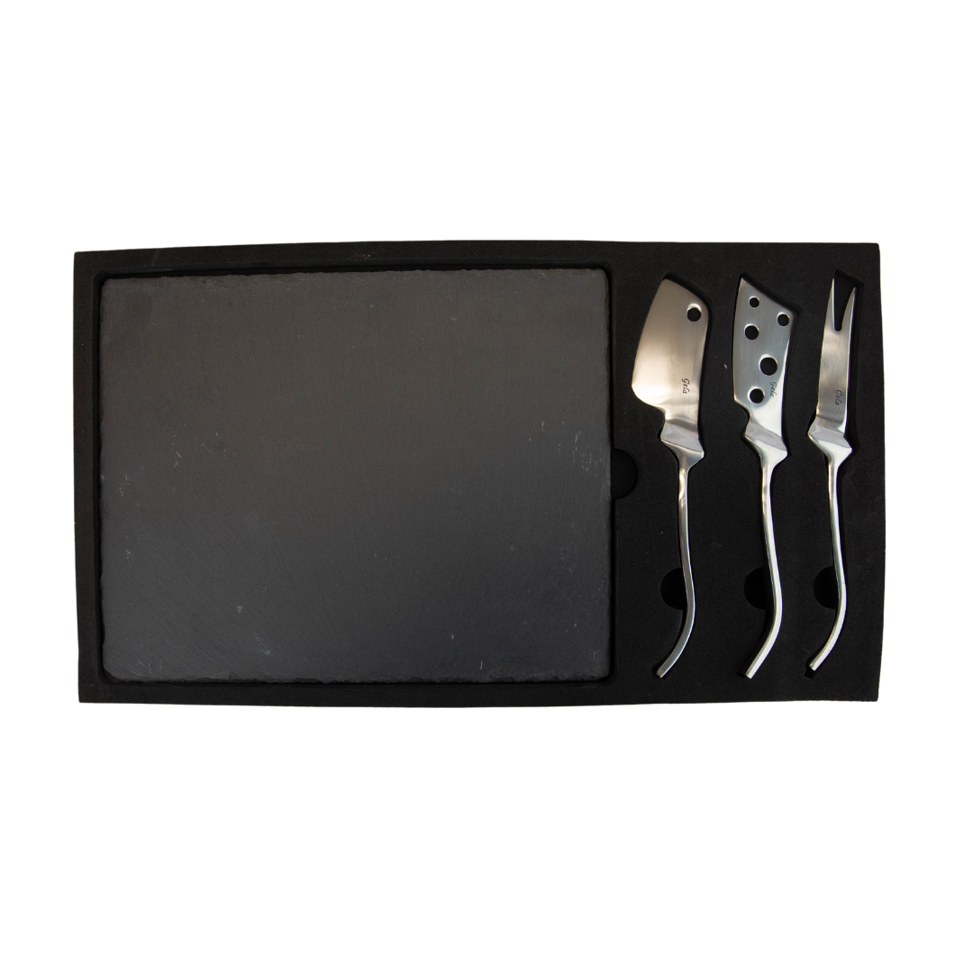 Gela Slate Cheese Board with 3 Piece Knives 8" x 10"