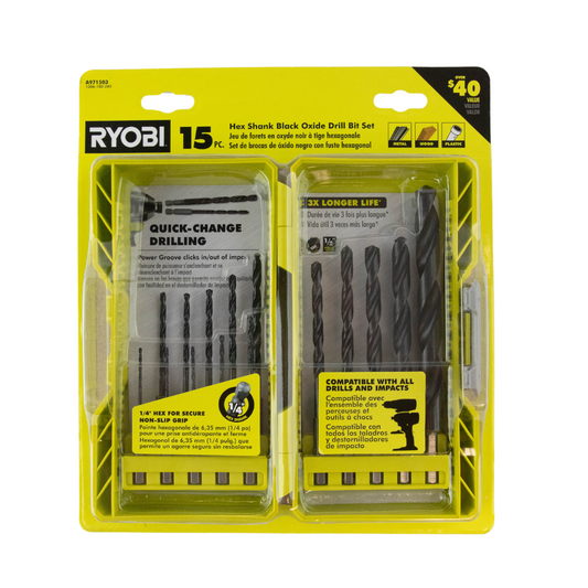 Ryobi 15 Piece Hex Shank Black Oxide Drill Bit Set