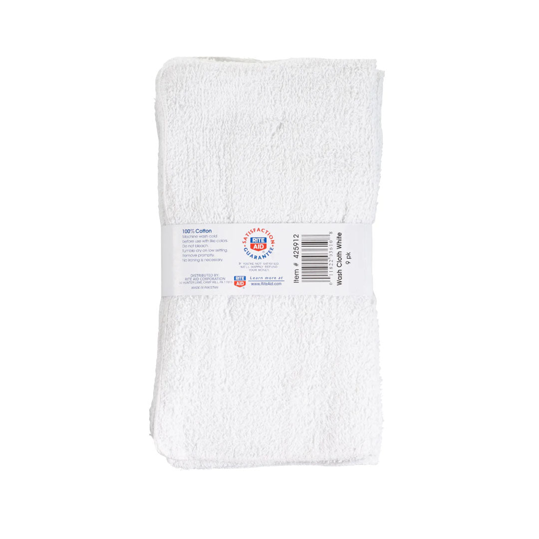 Rite Aid White Home Wash Cloths, 12" x 12", 9 Count